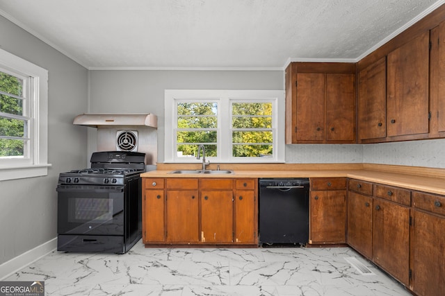 kitchen featuring ornamental molding, black appliances, sink, and range hood