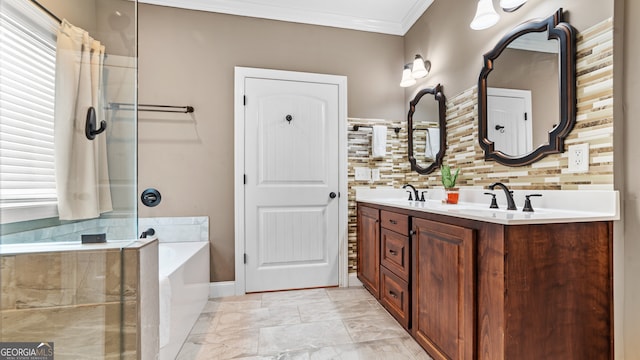 bathroom with decorative backsplash, ornamental molding, separate shower and tub, and vanity