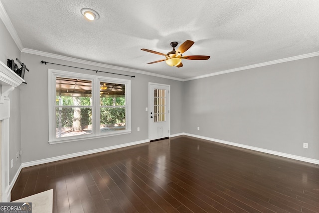 empty room with a high end fireplace, ceiling fan, ornamental molding, a textured ceiling, and dark hardwood / wood-style flooring