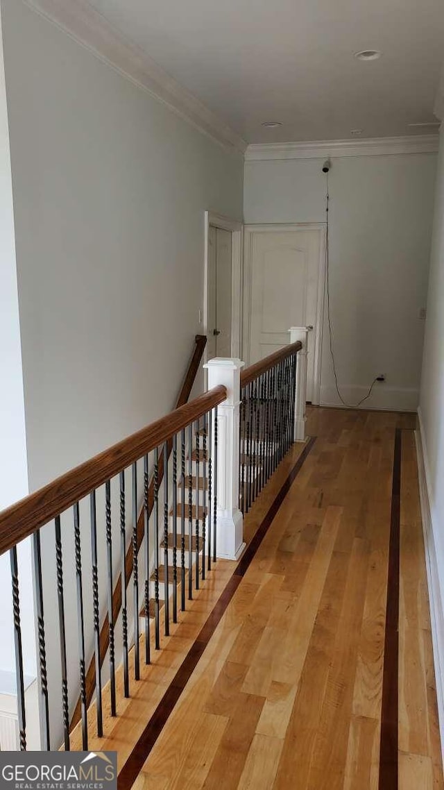 corridor featuring hardwood / wood-style flooring and ornamental molding