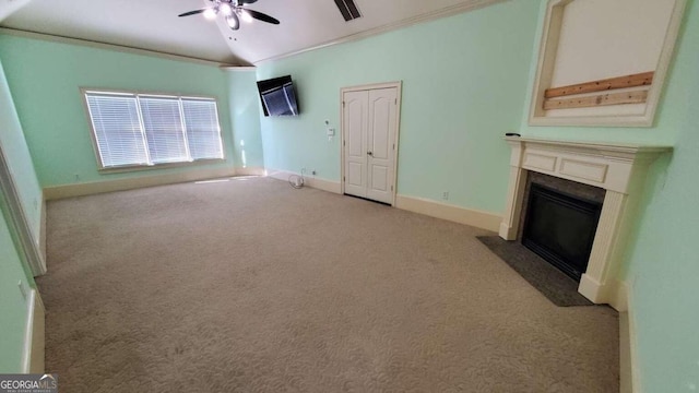 unfurnished living room with light carpet, ornamental molding, and ceiling fan