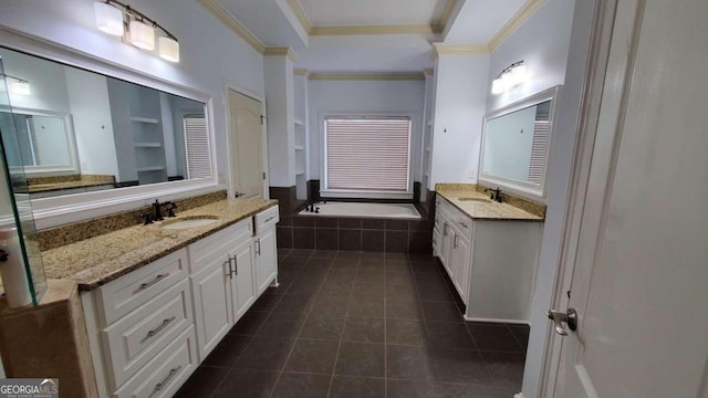 bathroom with vanity, ornamental molding, tiled bath, and tile patterned flooring