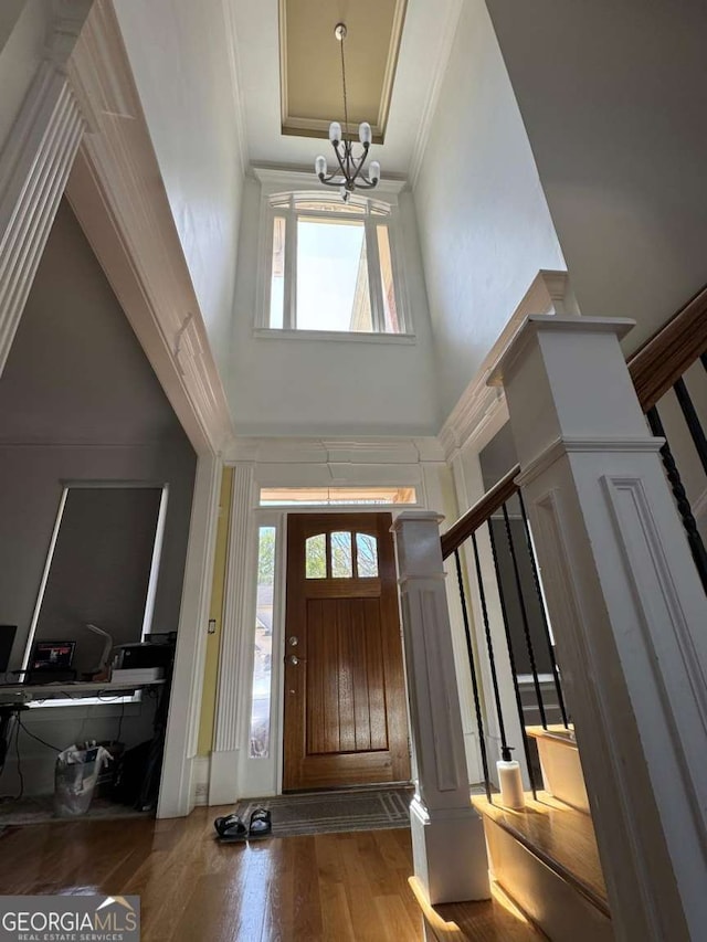 foyer with wood-type flooring, a high ceiling, a chandelier, and plenty of natural light