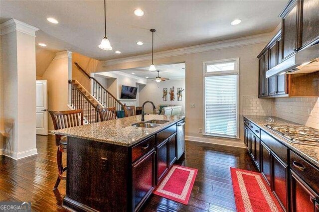 kitchen featuring sink, a kitchen island with sink, dark wood-type flooring, and a healthy amount of sunlight