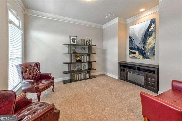 sitting room with crown molding and carpet floors