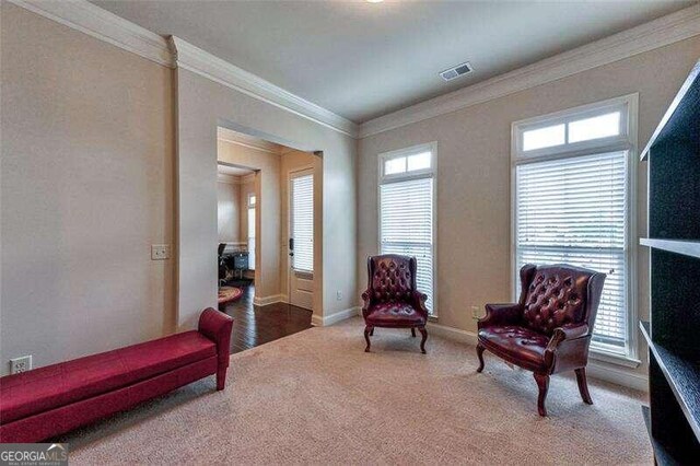 living area featuring carpet flooring and ornamental molding