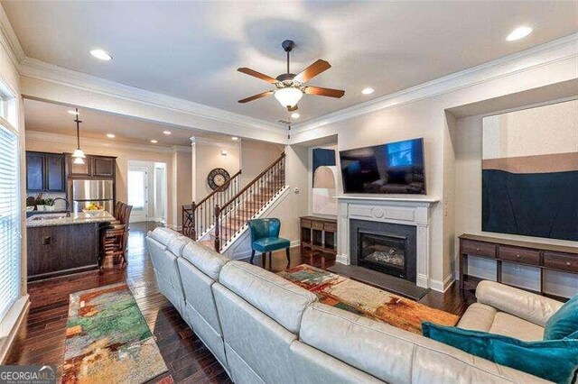 living room with sink, ornamental molding, dark hardwood / wood-style flooring, and ceiling fan