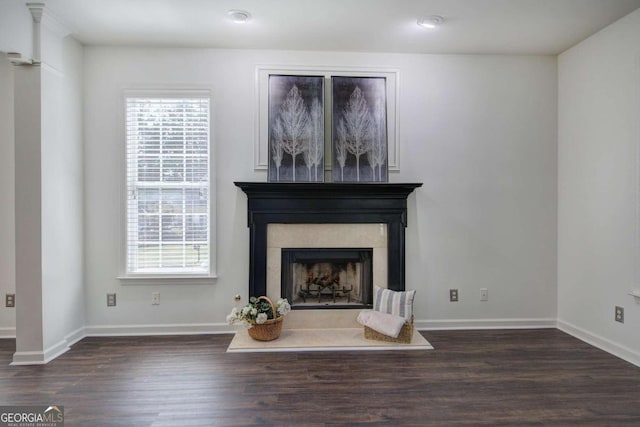 unfurnished living room with dark hardwood / wood-style flooring