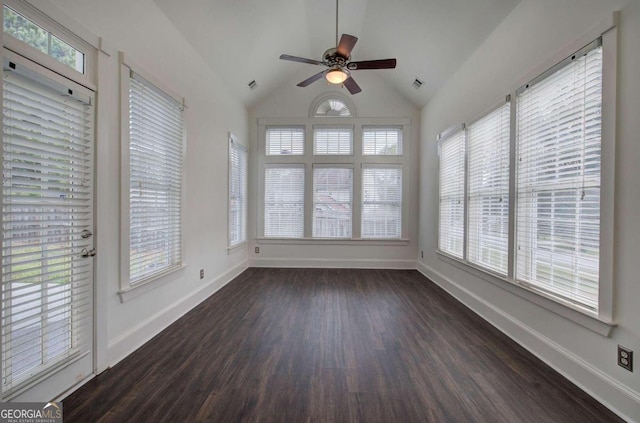 unfurnished sunroom with plenty of natural light, vaulted ceiling, and ceiling fan