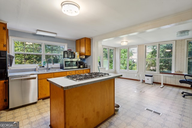 kitchen featuring a wealth of natural light, appliances with stainless steel finishes, sink, and a kitchen island