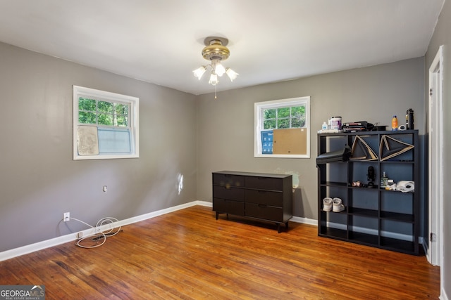 interior space with wood-type flooring and ceiling fan