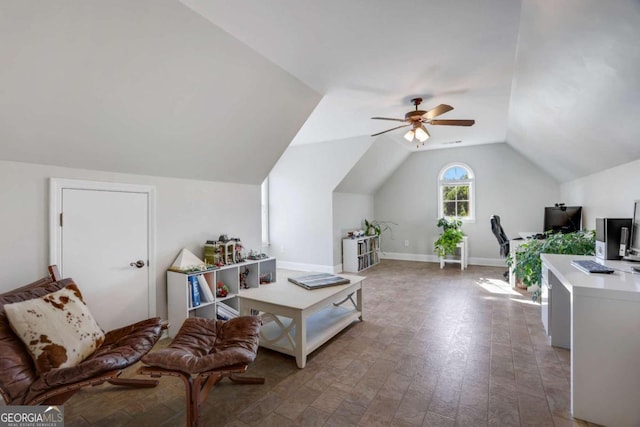 office featuring ceiling fan, hardwood / wood-style flooring, and vaulted ceiling