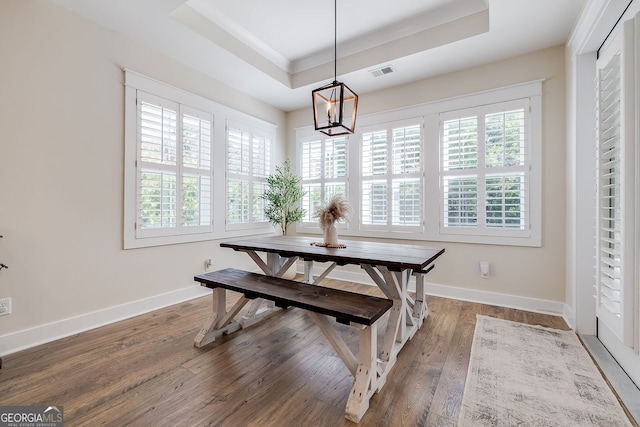 dining room with a notable chandelier, a tray ceiling, dark hardwood / wood-style flooring, and plenty of natural light