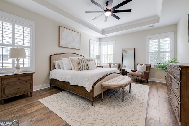 bedroom with multiple windows, dark hardwood / wood-style floors, a raised ceiling, and ceiling fan