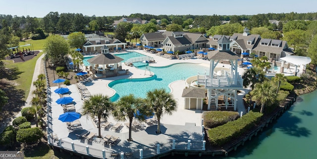 birds eye view of property featuring a water view