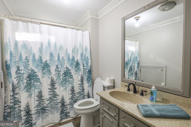 bathroom featuring a shower with curtain, vanity, crown molding, and toilet