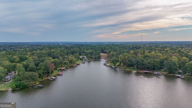 aerial view at dusk featuring a water view