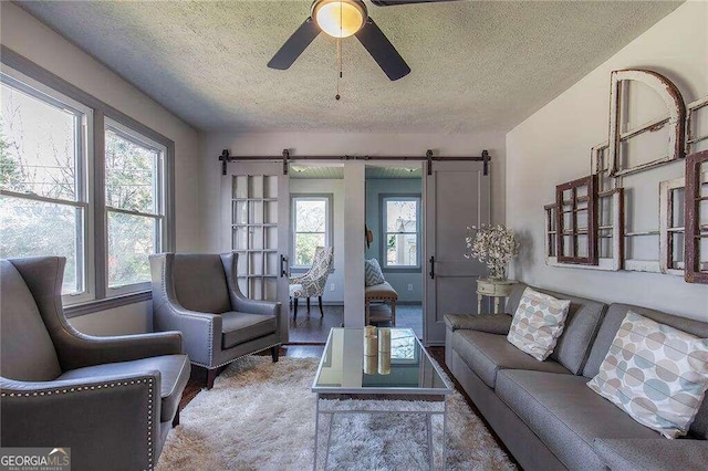 living room with ceiling fan, a textured ceiling, a barn door, and a wealth of natural light