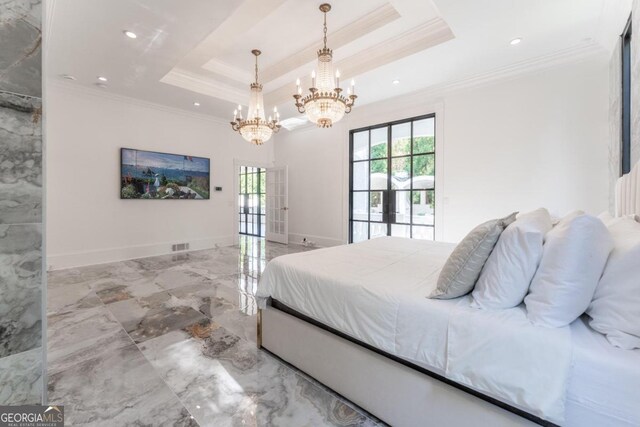 bedroom with french doors, a tray ceiling, and crown molding