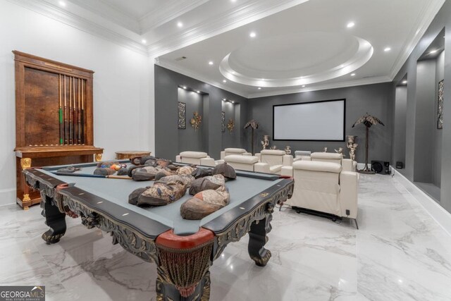 cinema with ornamental molding and pool table