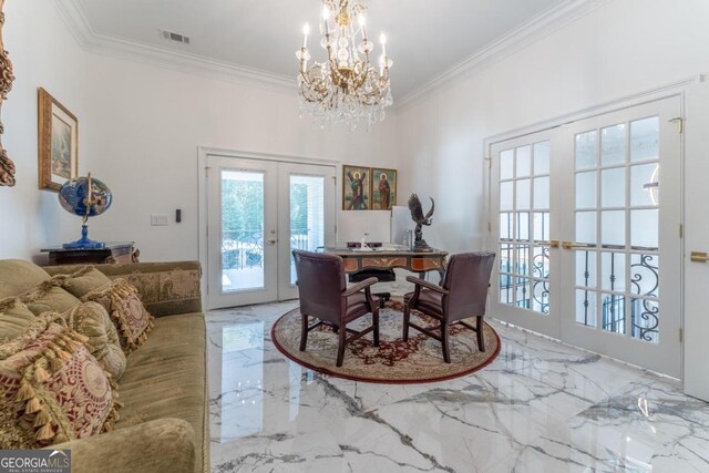 dining area with a notable chandelier, french doors, and ornamental molding