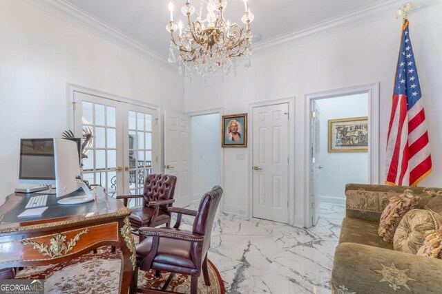 home office with french doors, an inviting chandelier, and crown molding