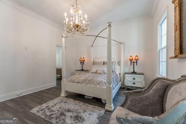 bedroom with a notable chandelier, crown molding, and dark hardwood / wood-style flooring