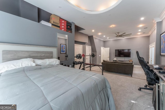 bedroom with light colored carpet and crown molding