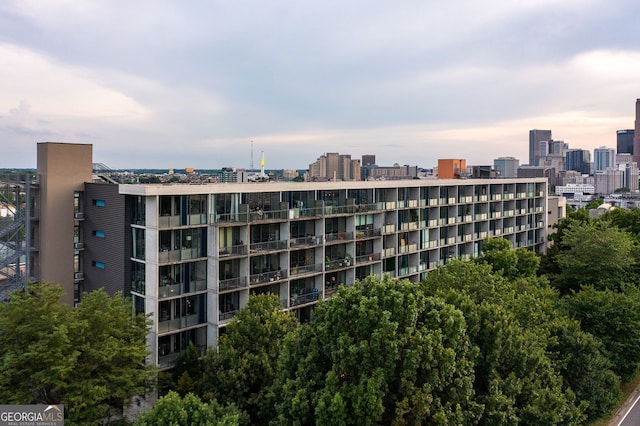 view of outdoor building at dusk