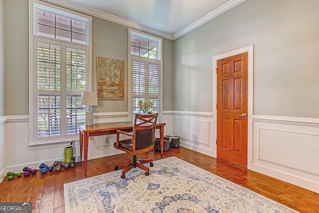 office space featuring ornamental molding and dark wood-type flooring