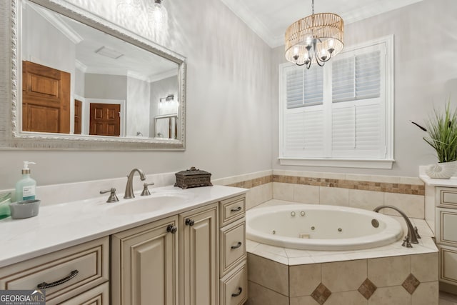 bathroom with an inviting chandelier, a relaxing tiled tub, vanity, and ornamental molding