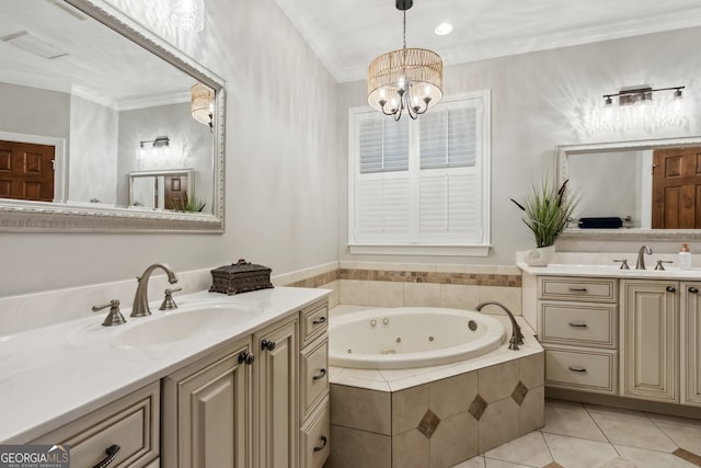 bathroom featuring vanity, crown molding, tile patterned flooring, tiled tub, and an inviting chandelier