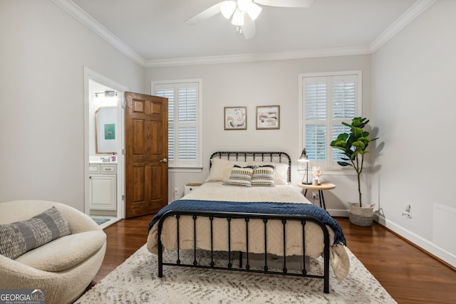 bedroom with dark wood-type flooring, ceiling fan, ornamental molding, and ensuite bath