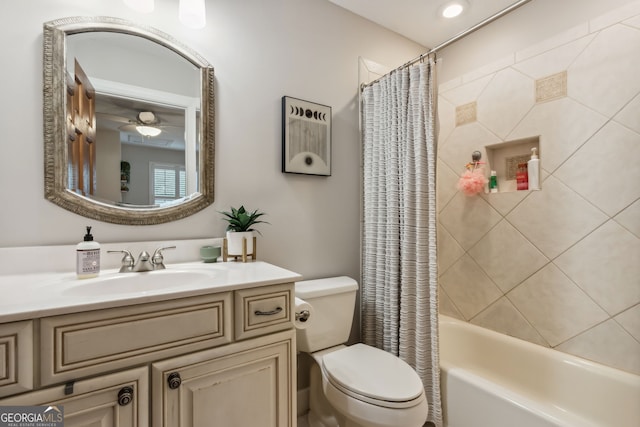 full bathroom with vanity, toilet, and shower / bathtub combination with curtain