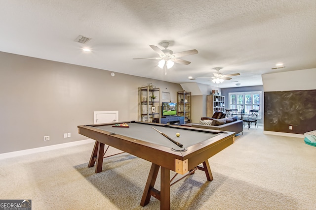 playroom featuring a textured ceiling, billiards, ceiling fan, and light colored carpet