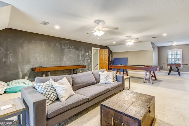 rec room with ceiling fan, light carpet, vaulted ceiling, and pool table