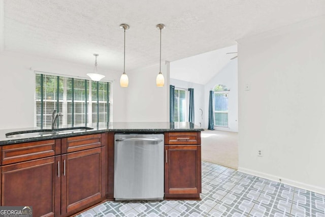 kitchen with pendant lighting, lofted ceiling, sink, a textured ceiling, and dishwasher