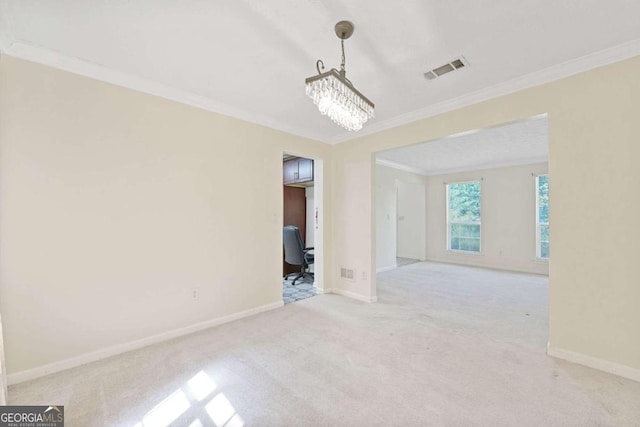 unfurnished room with crown molding and light colored carpet