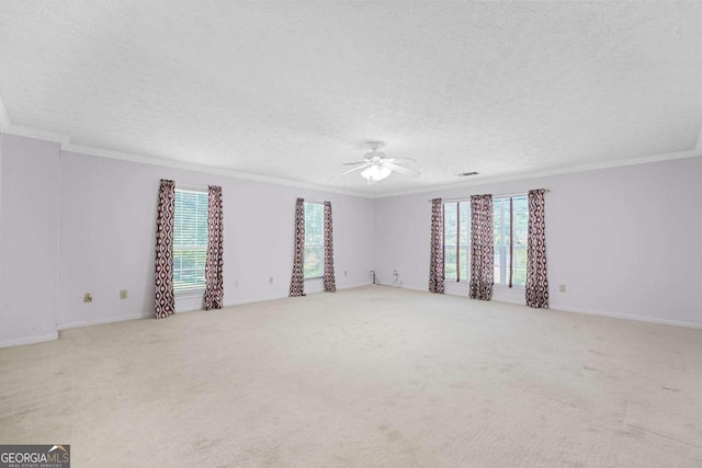 spare room with light colored carpet, a textured ceiling, and ornamental molding