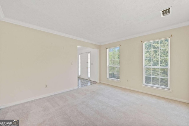 carpeted empty room with ornamental molding and a textured ceiling