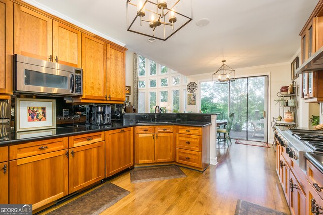 kitchen with pendant lighting, sink, appliances with stainless steel finishes, a notable chandelier, and light hardwood / wood-style floors