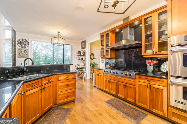 kitchen with sink, wall chimney exhaust hood, hanging light fixtures, light hardwood / wood-style floors, and appliances with stainless steel finishes