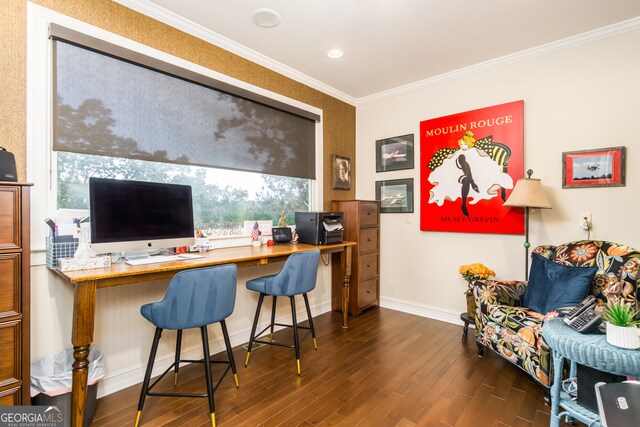 office featuring dark hardwood / wood-style flooring and ornamental molding