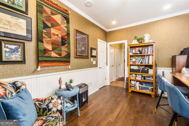 office featuring crown molding and dark hardwood / wood-style flooring