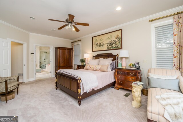 bedroom with light carpet, ensuite bath, ceiling fan, and ornamental molding