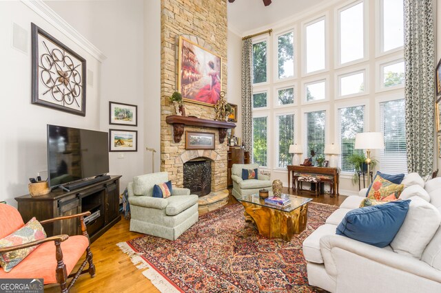 living room with a fireplace, light hardwood / wood-style flooring, and a towering ceiling