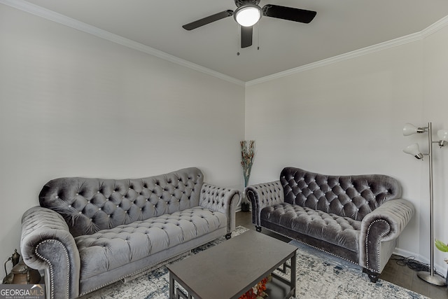 living room featuring ornamental molding, hardwood / wood-style floors, and ceiling fan