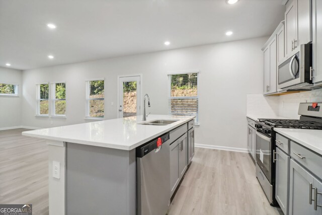 kitchen featuring tasteful backsplash, a center island with sink, appliances with stainless steel finishes, light wood-type flooring, and sink