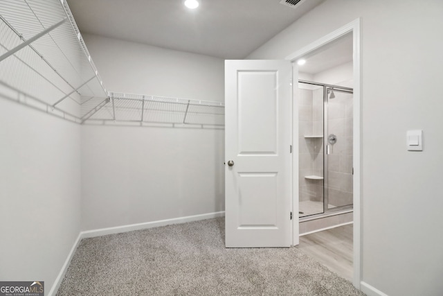 spacious closet featuring light colored carpet