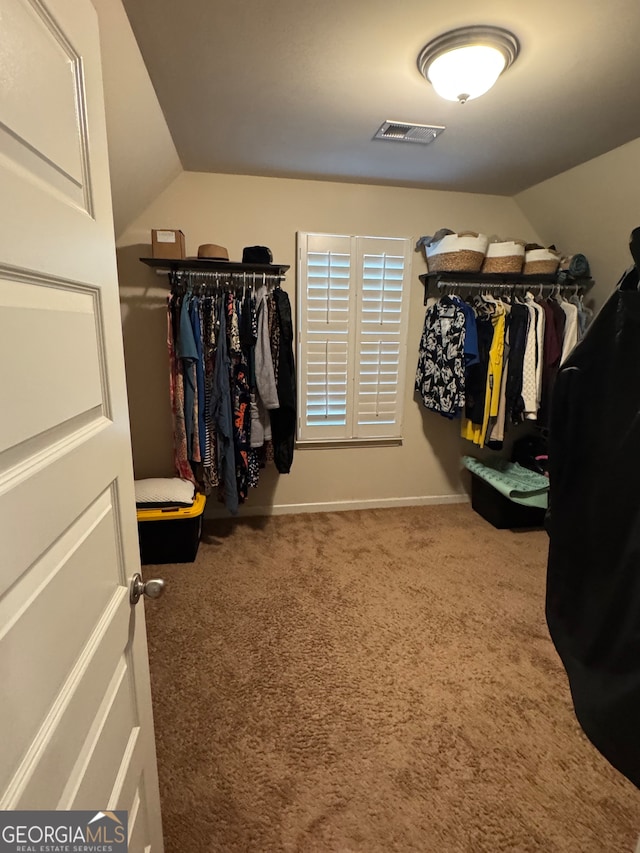 spacious closet featuring carpet flooring and vaulted ceiling